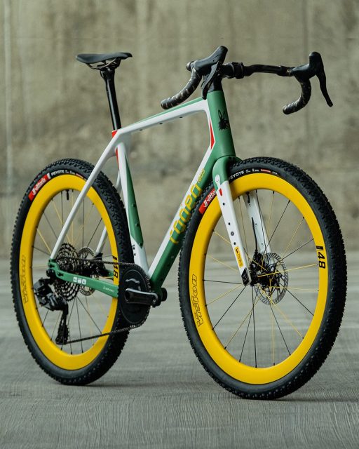 Gravel bikes and rally cars are definitely kindred spirits. Rally cars have some of the most iconic liveries of all time, and there are few things that we like more than a proper homage. This TD4.2 build is a nod to the vintage multiple World Rally Championship winning Lancia Stratos, draped in its green, red, and white Alitalia livery.
We found the gold wheels of the rally car to be some of the most iconic features, so we couldn’t resist custom painting the @vision_tech_usa SC48 i25 wheels in a similar color. Sometimes painted rims can be too much, but this time it’s just *chefs kiss*.
@campagnolosrl Super Record Wireless shifting with Super Record X rear mech was also a perfect pairing for this build, with its bottomless Italian heritage and mixed terrain pedigree.
@vittoriatires 70x2.25 Peyote tires supply the grip, without the need for a co-driver to call out course hazards.
@fsa_road componentry rounds out the build, with our favorite K-Force AGX bars and tidy integrated routing.
Some things are best seen in person, and you can check this rally bike out in the flesh in the FSA / Vision booth at the Sea Otter Classic and Unbound expos this year.
#rideexplorecreate
#gravelbike
#traildonkey