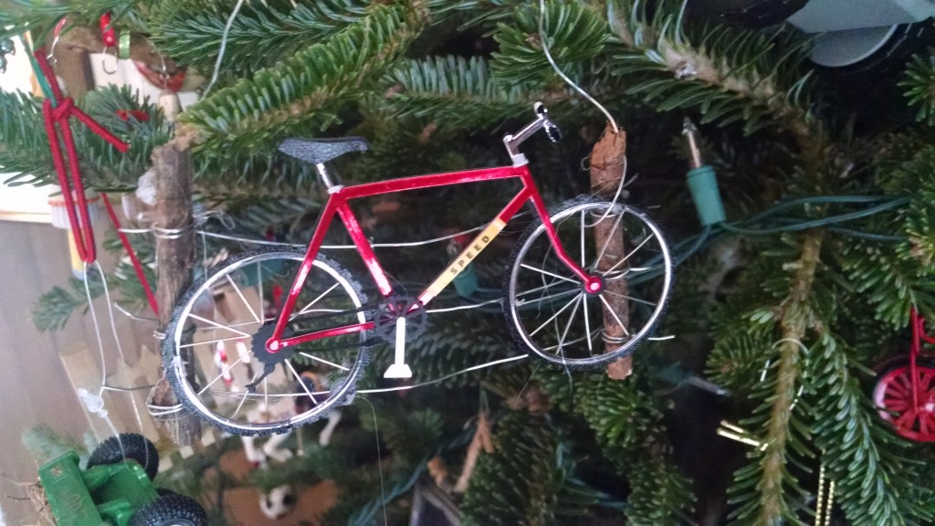 Many of our ornaments involve bicycles. This one was given after rural Kansas trail ride gone wrong. We found ourselves bush-whacking and climbing many barbed wire fences.