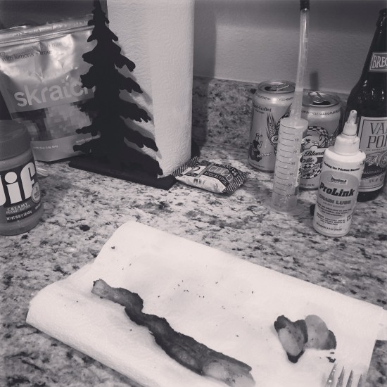 Kitchen carnage: bacon, beer, peanut butter, Skratch, TrailNuggets, chain lube, Stan's injector...