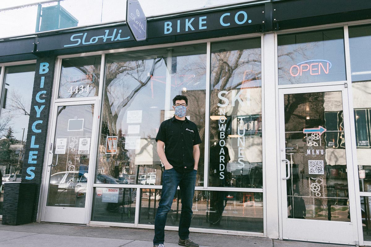 Adam Williams out front at SloHi's Highland location. Next door to the bike shop SloHi has its sister coffee shop. Thankfully there hasn't been a COVID coffee bean shortage this year!