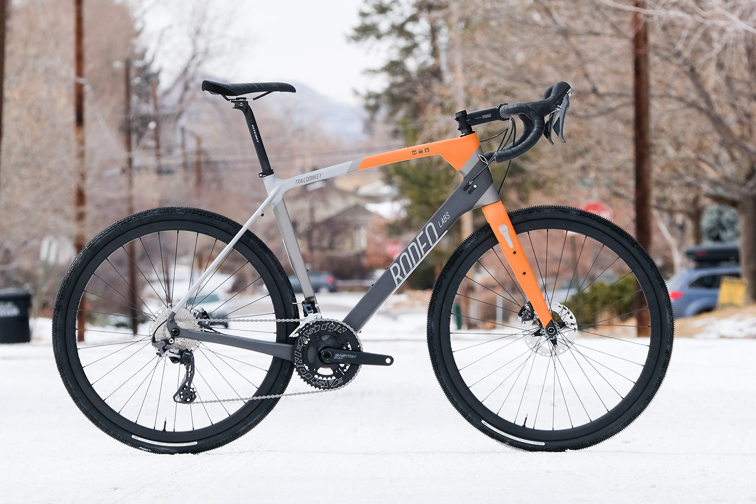 Peach and grey custom cerakote Rodeo Labs Traildonkey carbon gravel bike.