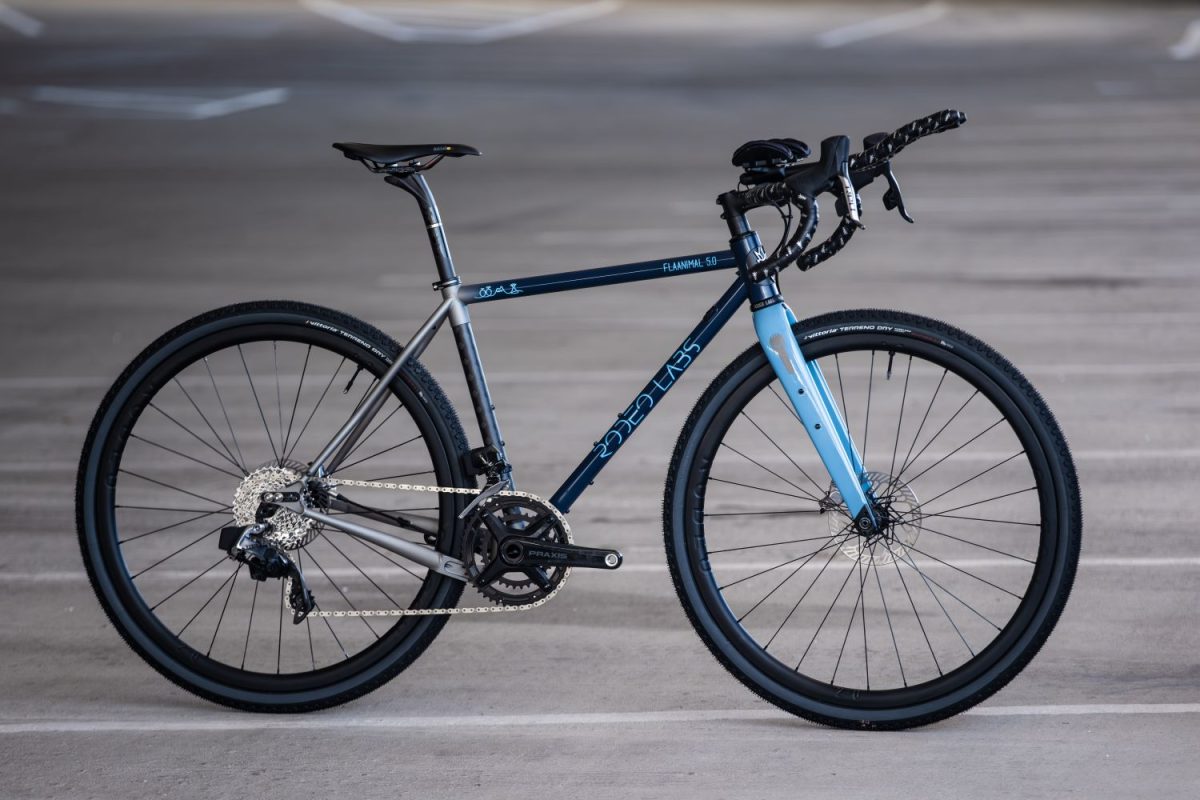 Williams Racing blue F1 team inspired custom paint job on Rodeo Labs Flaanimal steel gravel racing bike.