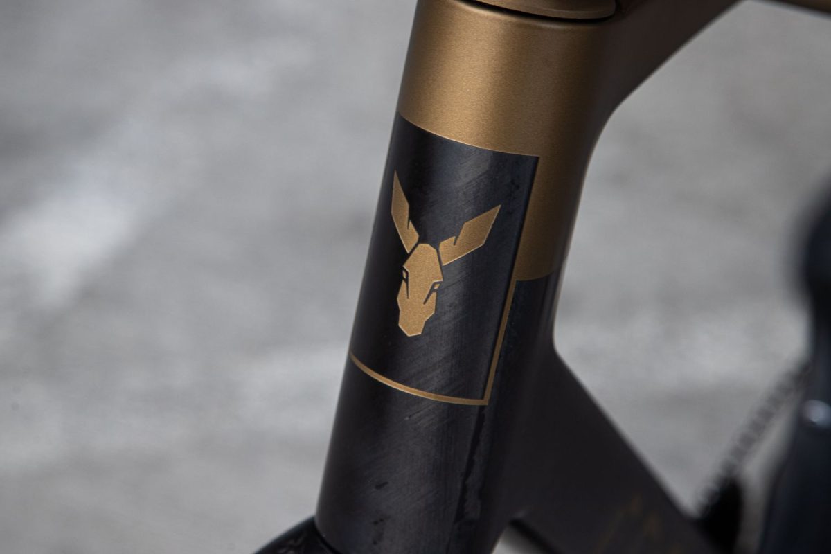 Carbon head tube of a Rodeo Labs Traildonkey 4.2 with the trail donkey headbadge logo in bronze.