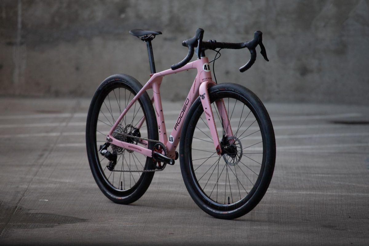 Rodeo Labs Traildonkey carbon race bike custom painted to look like the Porsche Pink Pig racecar.