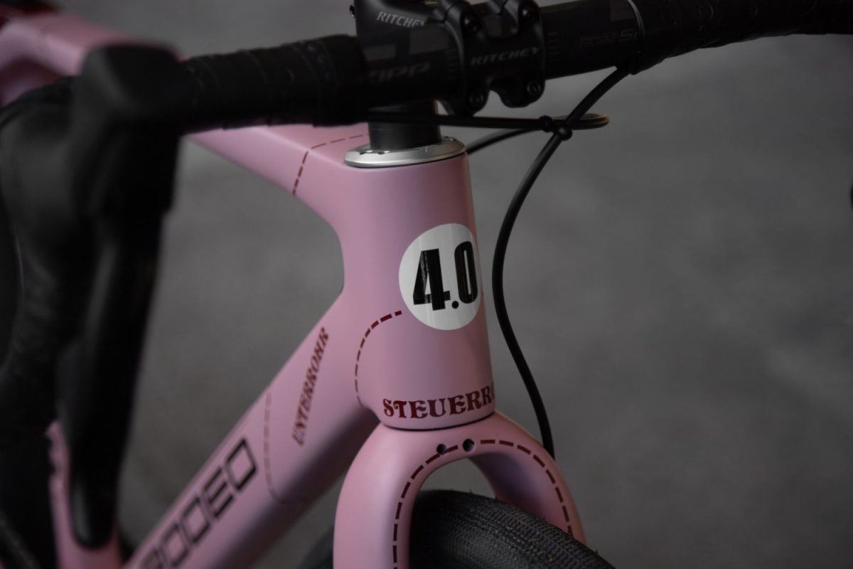 Porsche Pink Pig themed carbon gravel bike with bicycle frame tube names in German.