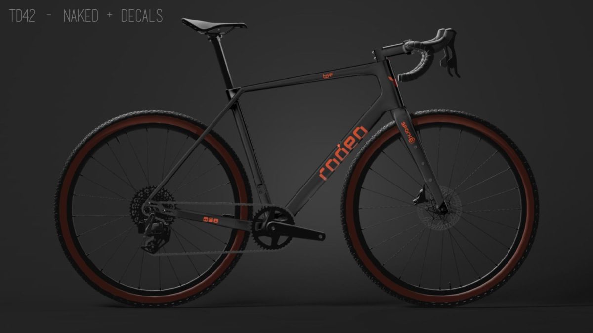 Rodeo Labs Traildonkey TD4.2 carbon gravel bike frame with red decals.